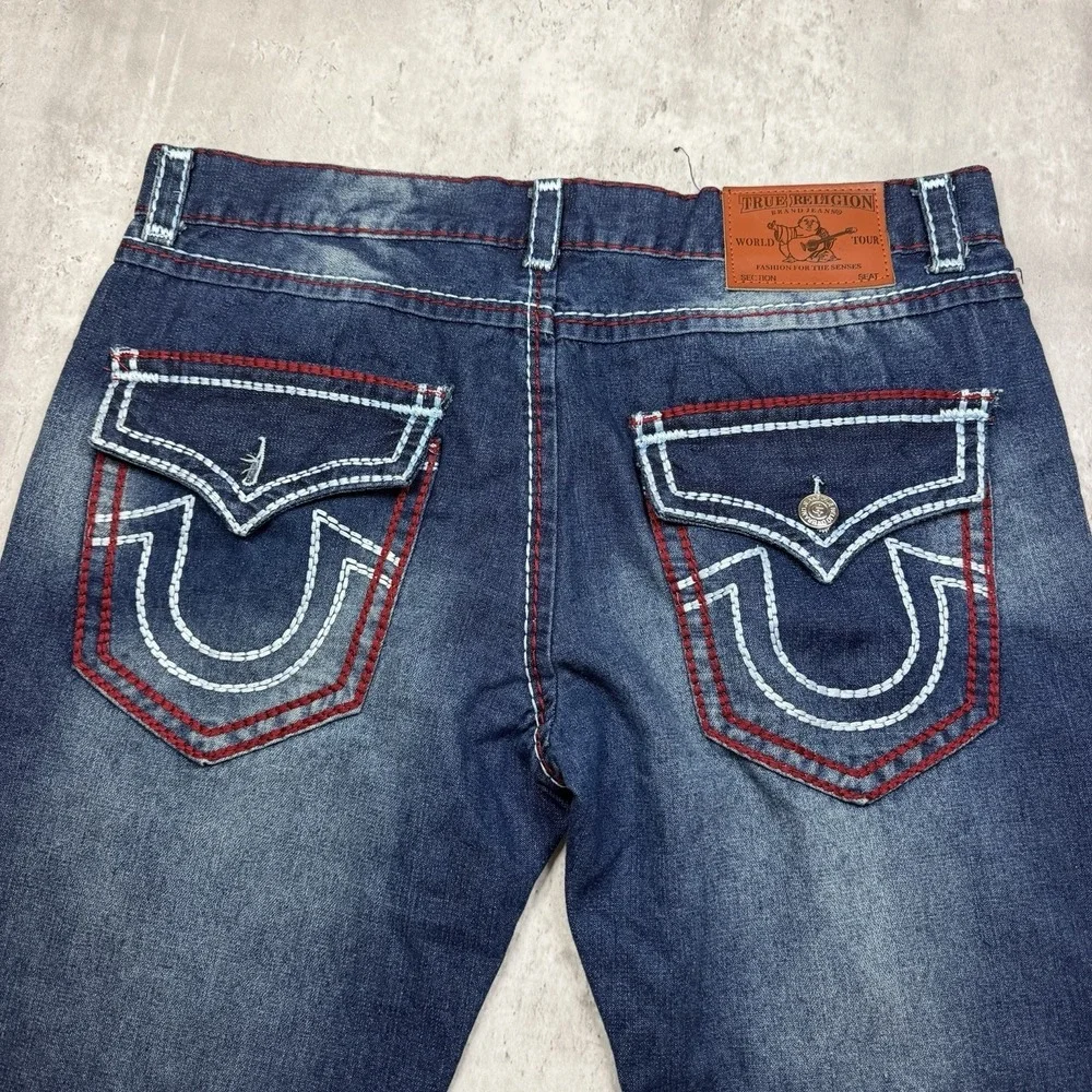 True Religion Jeans Mens 40x36 Blue Denim Straight Leg Flap Pockets Thick Stitch